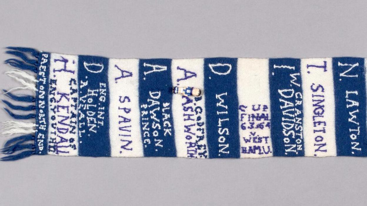 Traditional football scar knitted for the 1964 FA Cup Final for a Preston North End fan