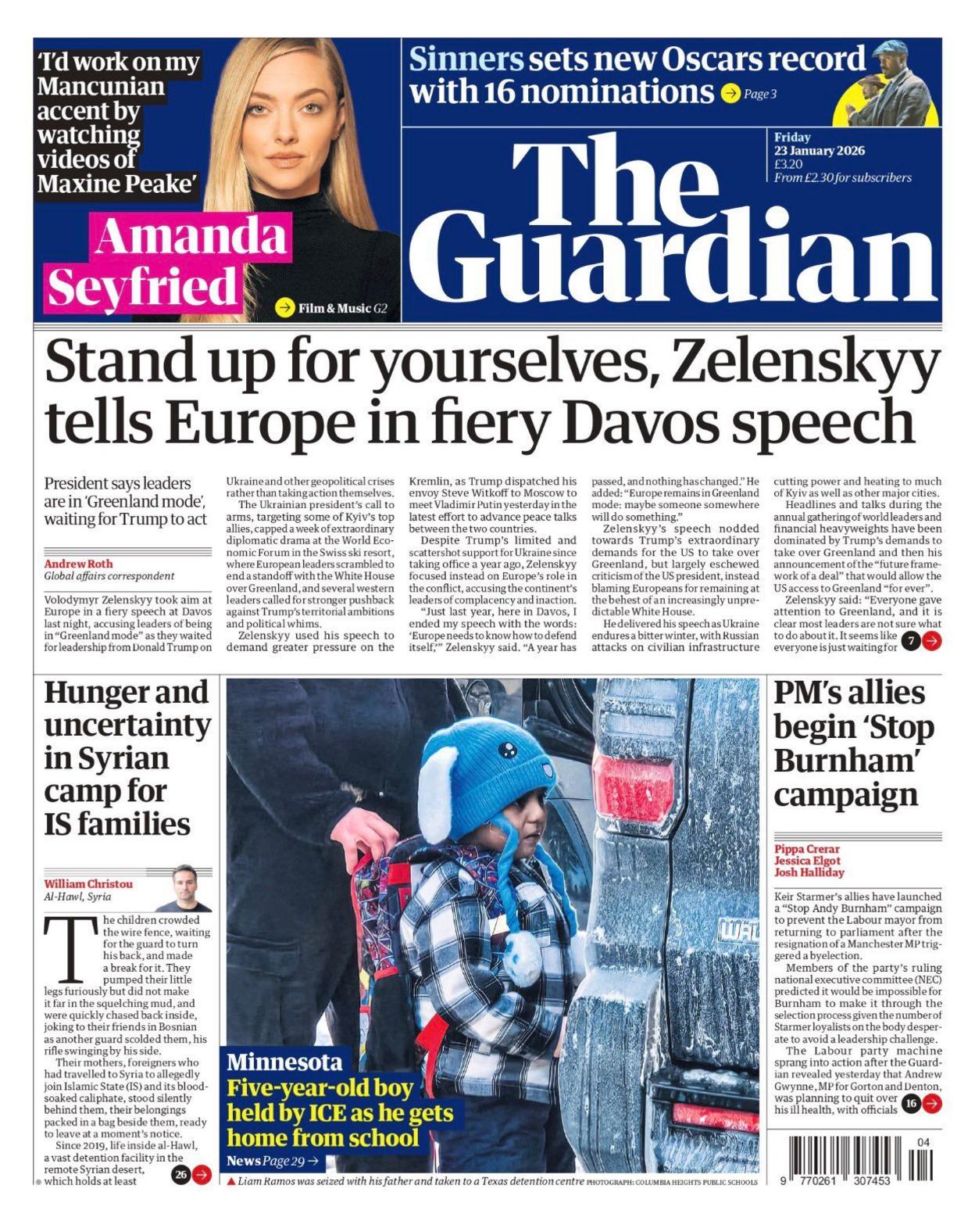 Titulli në faqen e parë të gazetës Guardian thotë: “Mbroni veten tuaj, i thotë Zelenskyy Evropës në fjalimin e zjarrtë në Davos”.