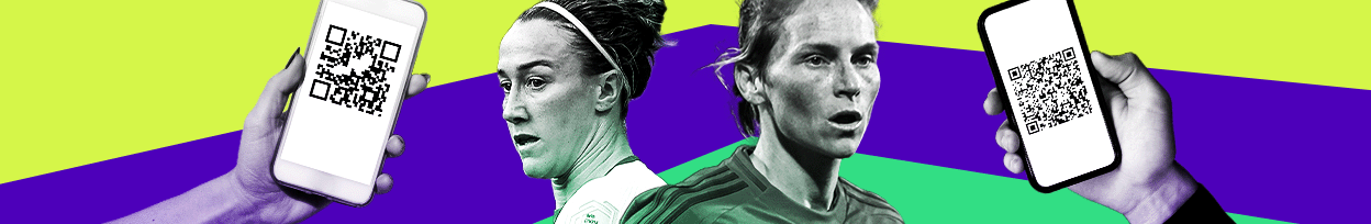 Banner with green and purple colours. There are images of two tickets on a phone, one England footballer and one Welsh footballer.
