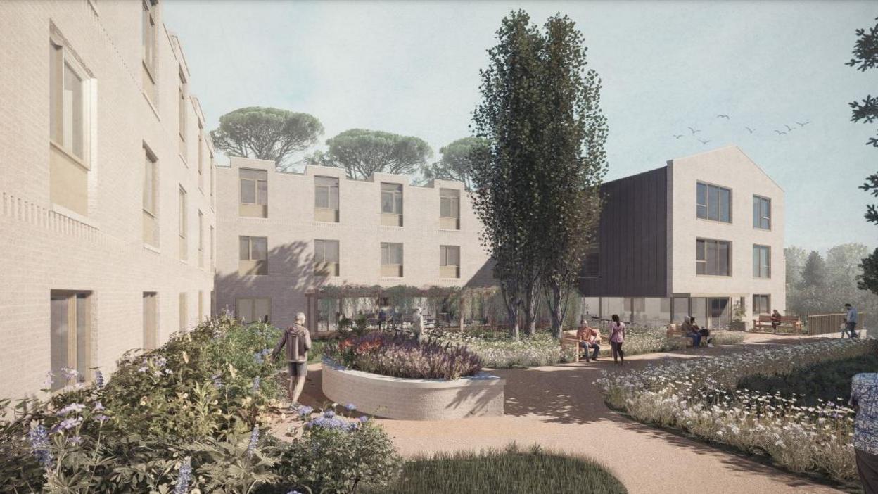 An artist's impression of a block on three-sides of the picture. There are people and plants in the image with a path leading to the building.