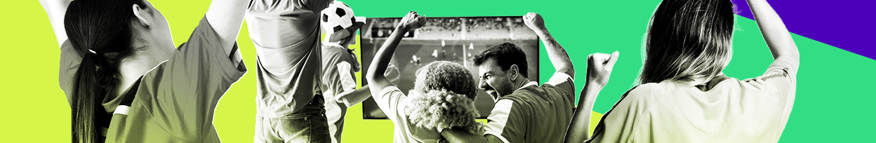 Banner with green and purple colours. There are images of people cheering and watching football on the TV.