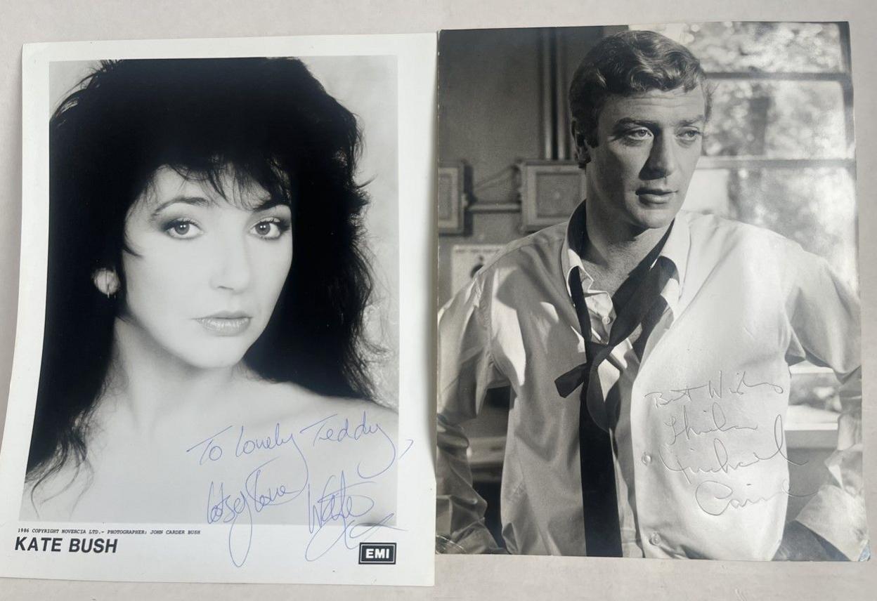 Two photos are side by side. The writing on the Kate Bush image on the left includes "To lovely Teddy". Michael Caine in his image is loosely wearing a tie over a shirt.