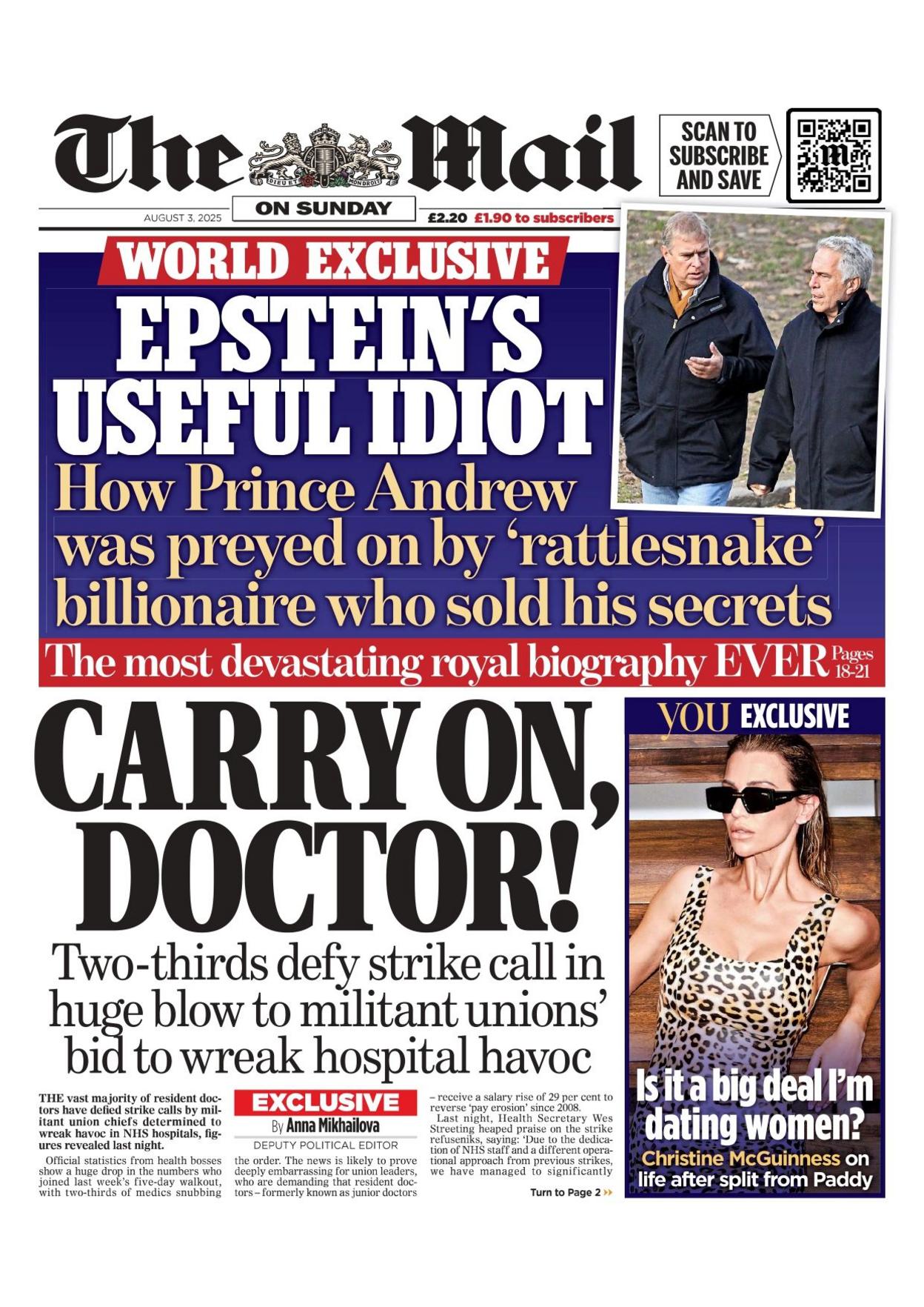"Carry on doctor!" reads the headline on the front page of The Mail on Sunday.