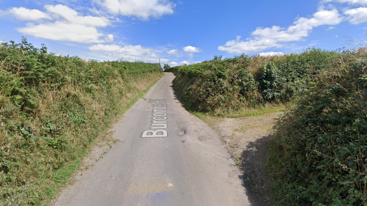 A street view of a road in Devon where the crash between a car and bus happened. It is a narrow road with a hedge either side.