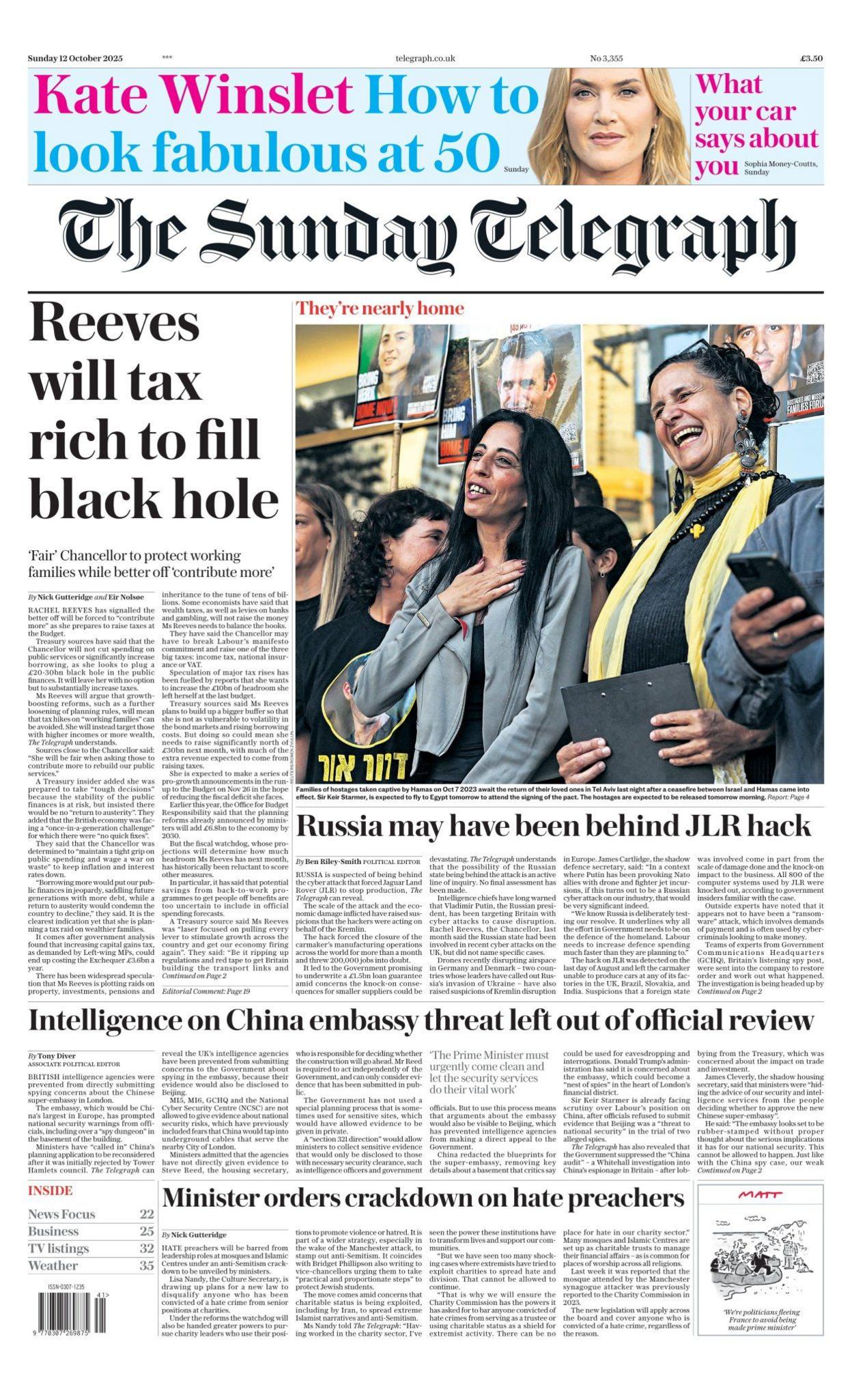 The headline on the front page of the Daily Telegraph reads: "Reeves will tax rich to fill black hole."