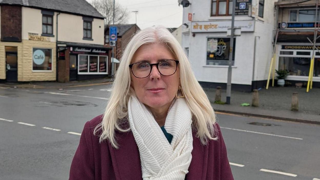 Labour MP for Stoke-on-Trent South, Allison Gardner standing on Uttoxeter Road in Blythe Bridge. 