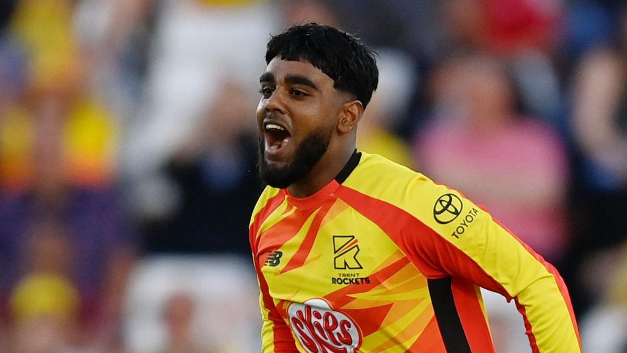 Trent Rockets bowler Rehan Ahmed celebrates taking a wicket