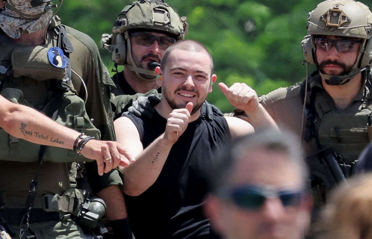 Almog Meir Jan, a released hostage reacts, after the military said that Israeli forces have rescued four hostages alive from the central Gaza Strip