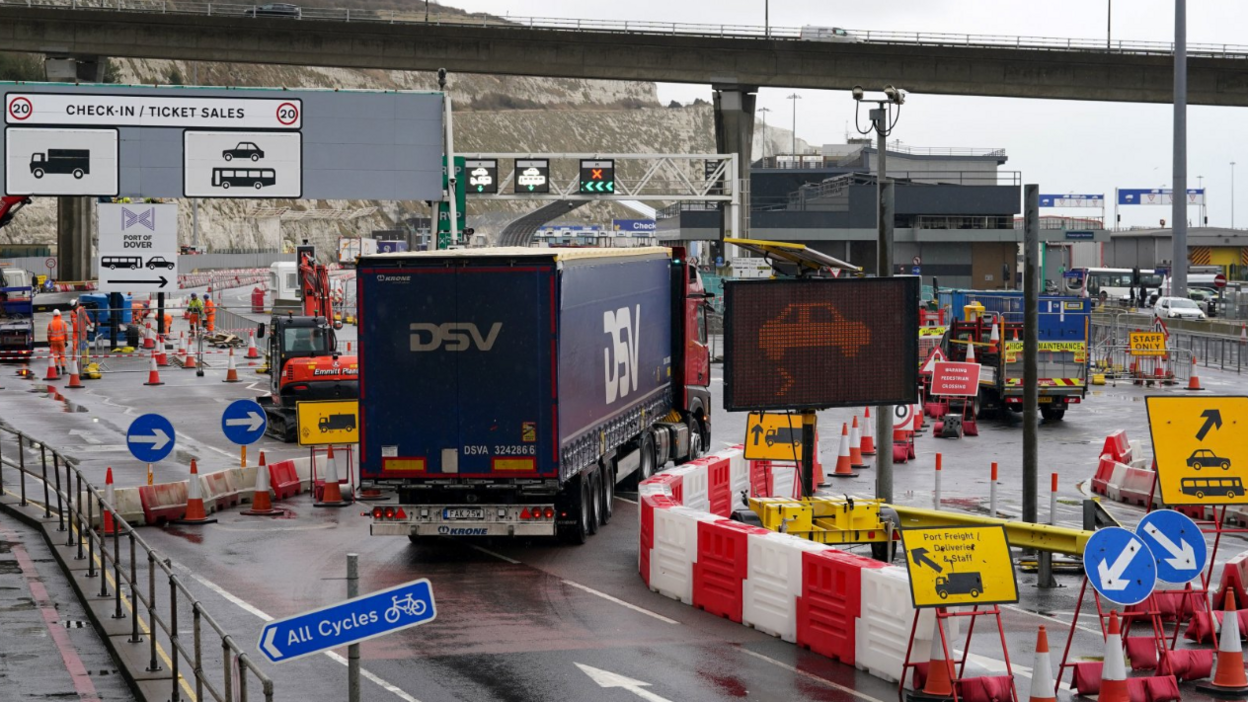 Work continues on the new Entry/Exit System (EES) at the entrance to the Port of Dover in Kent. A lorry can be seen weaving through diversion signs as the new border checks are improved at the British border.