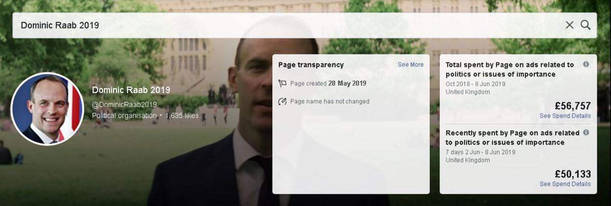 Ad showing Dominic Raab 2019 Facebook page and £56,000 in spending