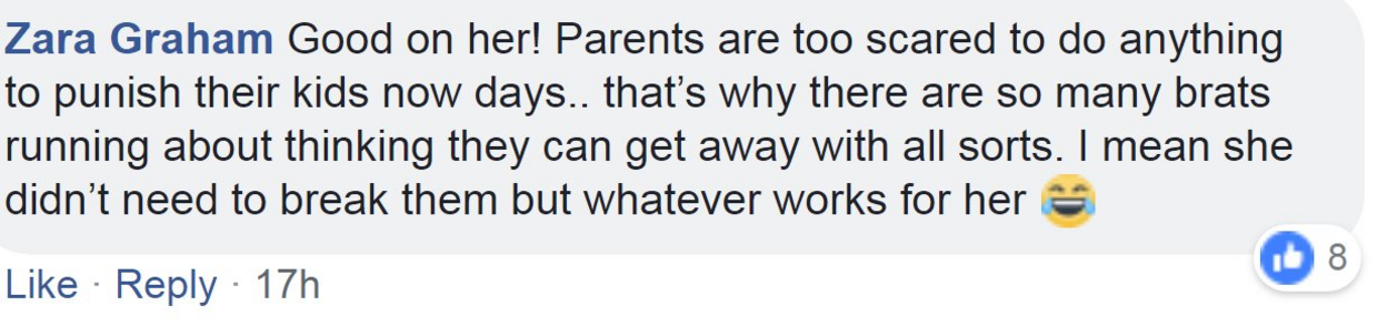 Good on her! Parents are too scared to do anything to punish their kids now days.. that's why there are so many brats running about thinking they can get away with all sorts. I mean she didn't need to break them but whatever works for her