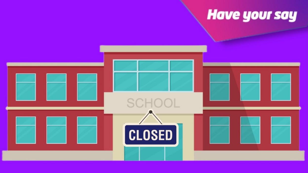 Cartoon school with closed sign.