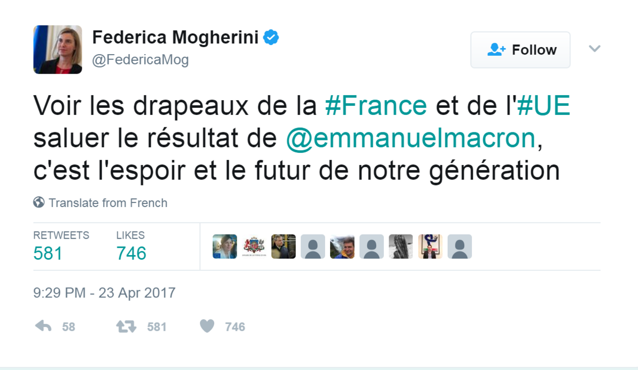 Tweet from @FedericaMog: "See the flags of France and the EU greet the result of @emmanuelmacron, it is the hope and the future of our generation."