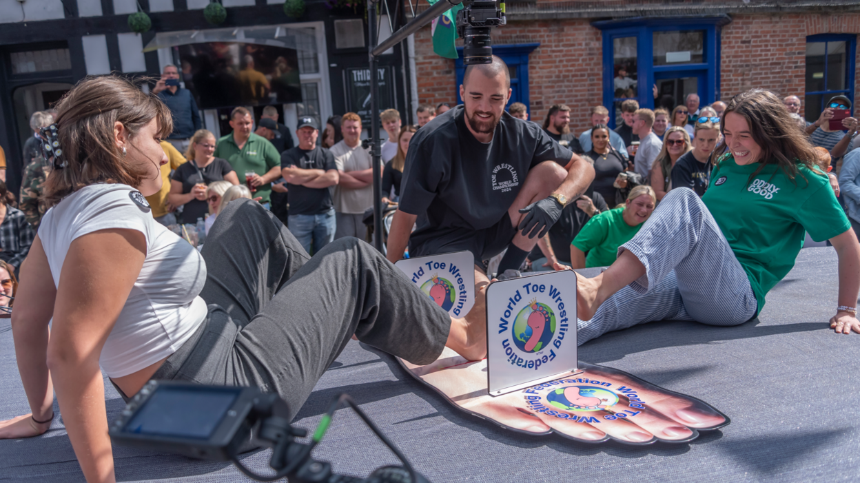 The women's wrestling round at the 2024 Derbyshire toe-wrestling competition