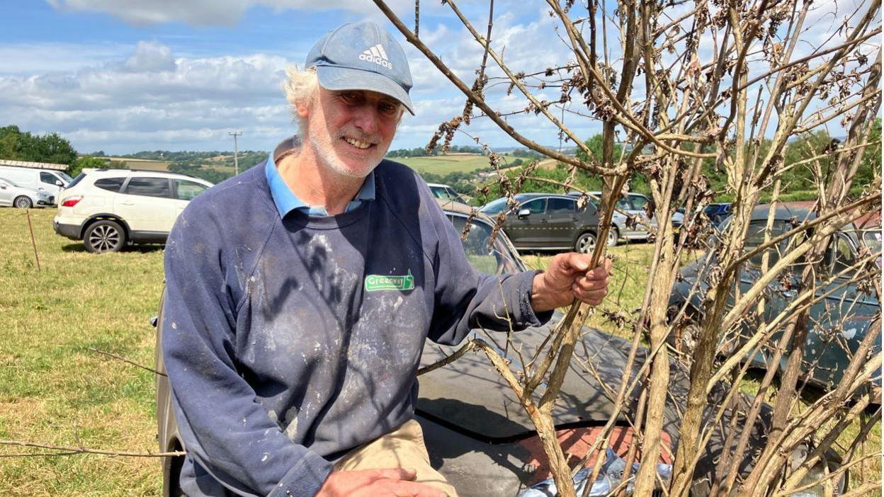 A man wearing a jumper and cap sits on the bonnet of a car. He is holding onto the branches of a tree which have grown through it.