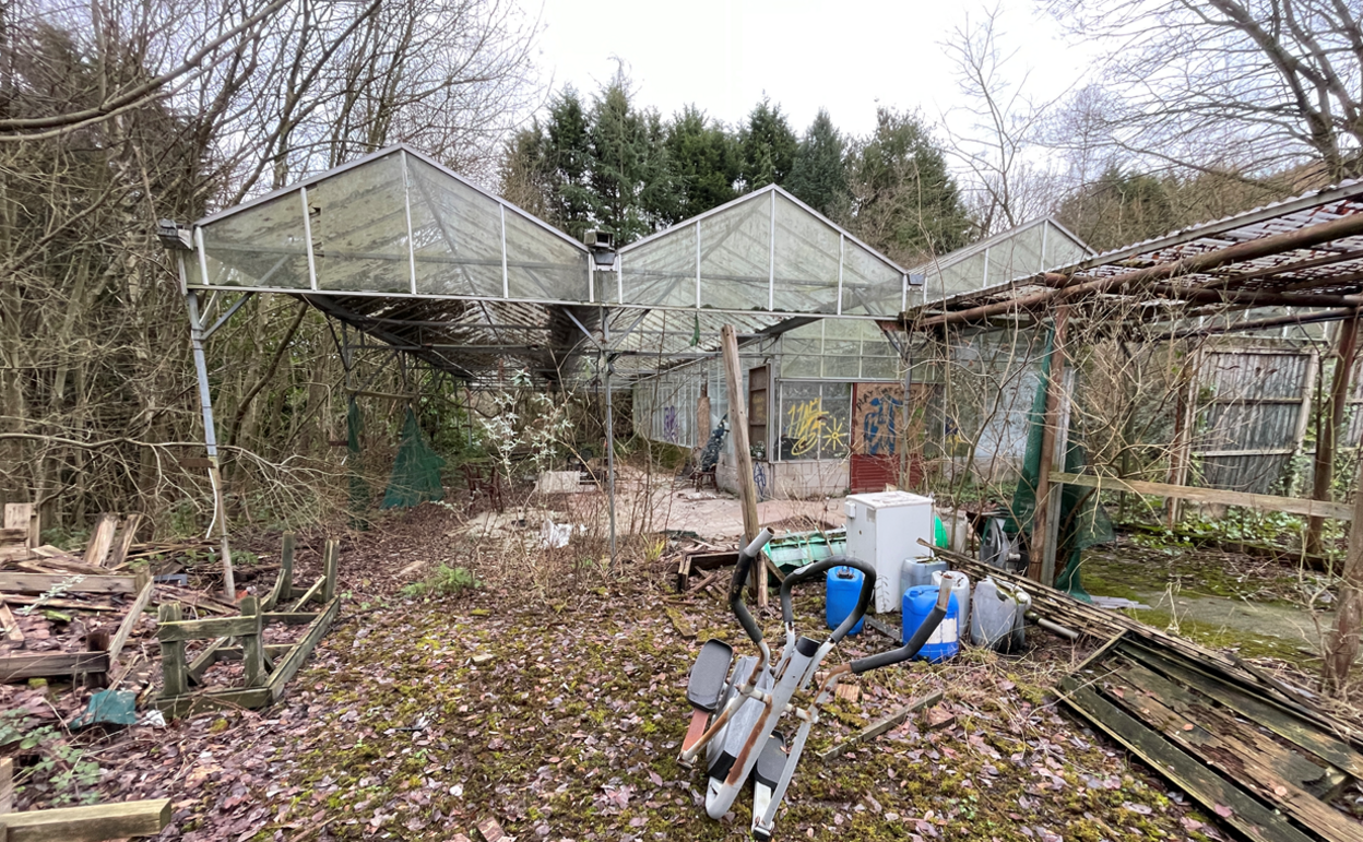 A picture of the derelict building. Graffiti can be seen sprayed on its glass walls.