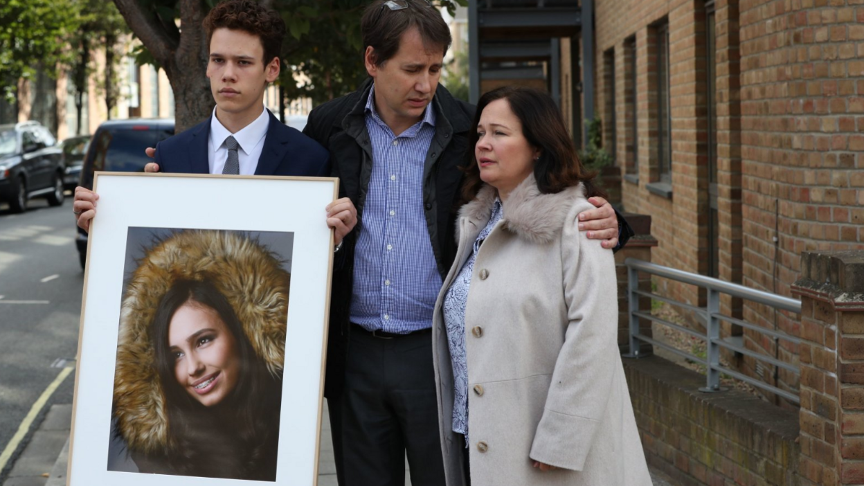 Nadim and Tanya Ednan-Laperouse, with their son Alex, outside West London Coroners Court in 2018 following the conclusion of the inquest into the death of Natasha Ednan-Laperouse