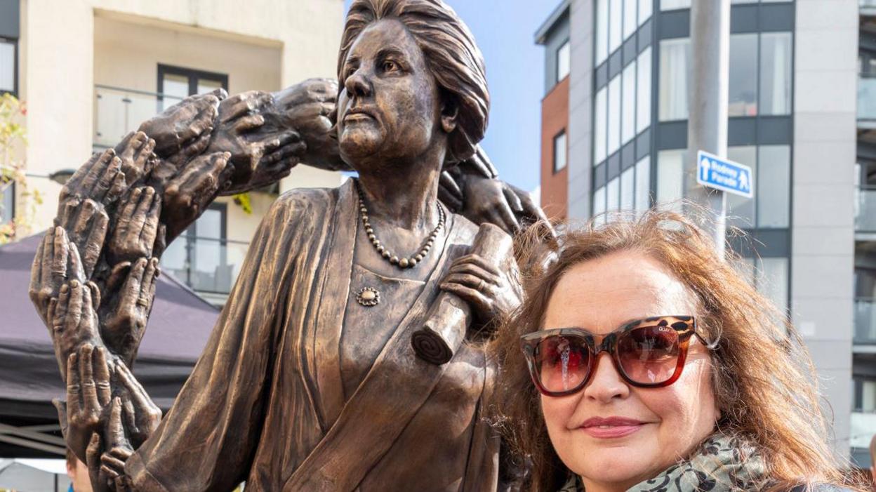 Lady Rhondda statue in Newport and Jane Robbins 