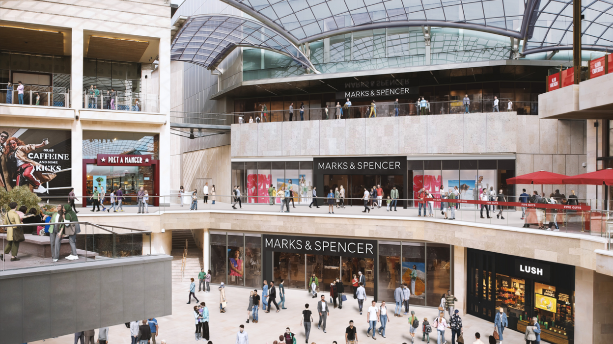 Artist's impression of M&S store at Cabot Circus spread across three floors with shoppers outside.