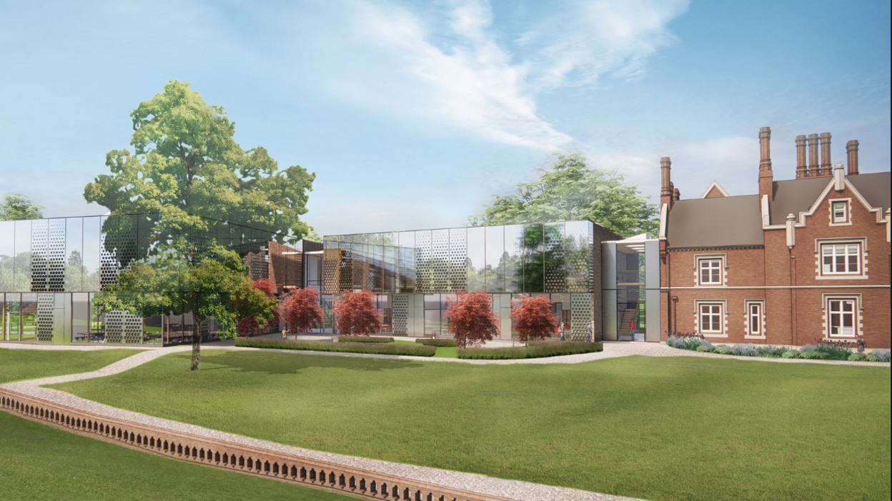 An artist's impression showing a modern building with a glass frontage attached to the 19th century Holt Hall.