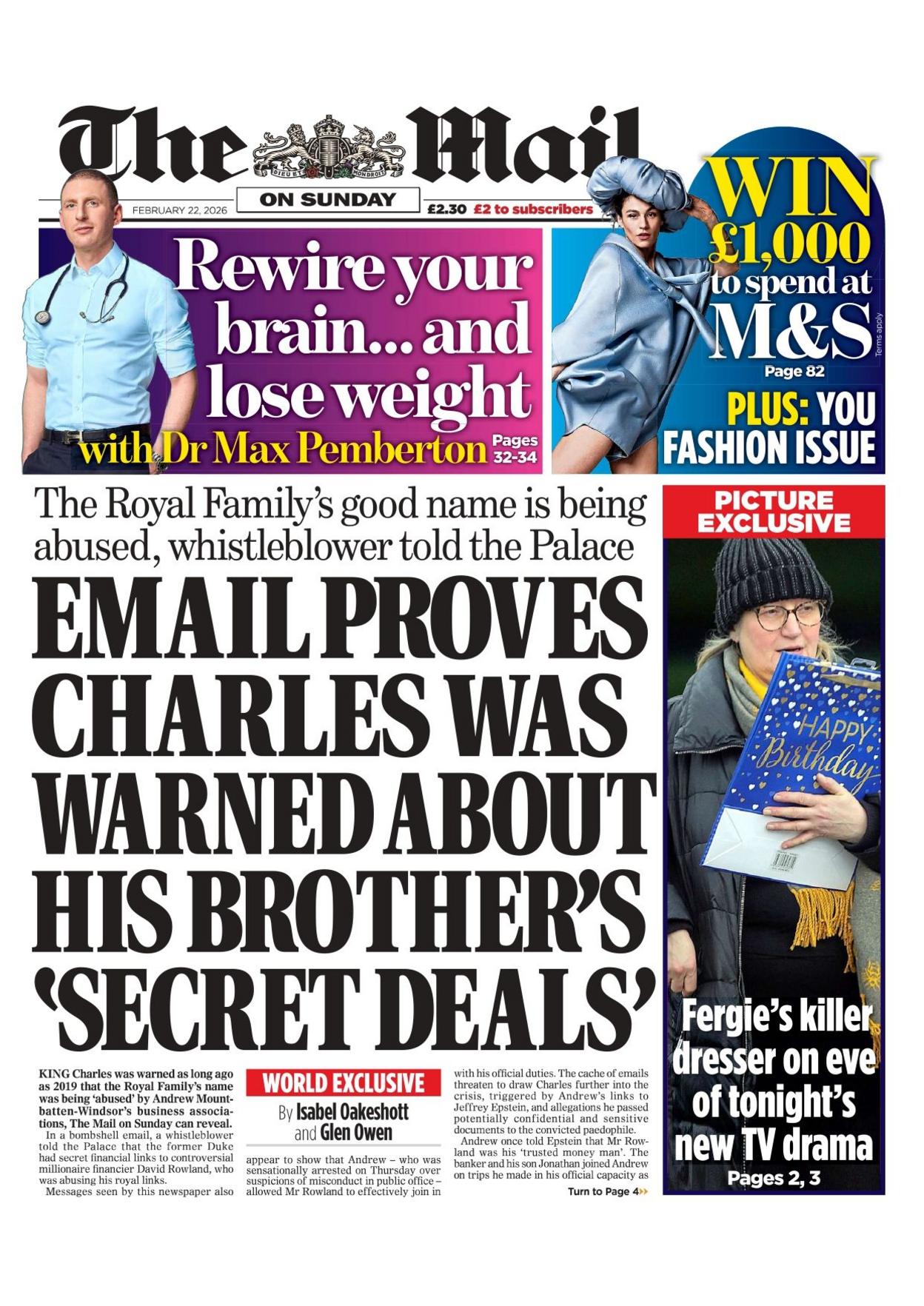 "Email proves Charles was warned about his brother's 'secret deals'", reads the headline on the front page of the Mail on Sunday.