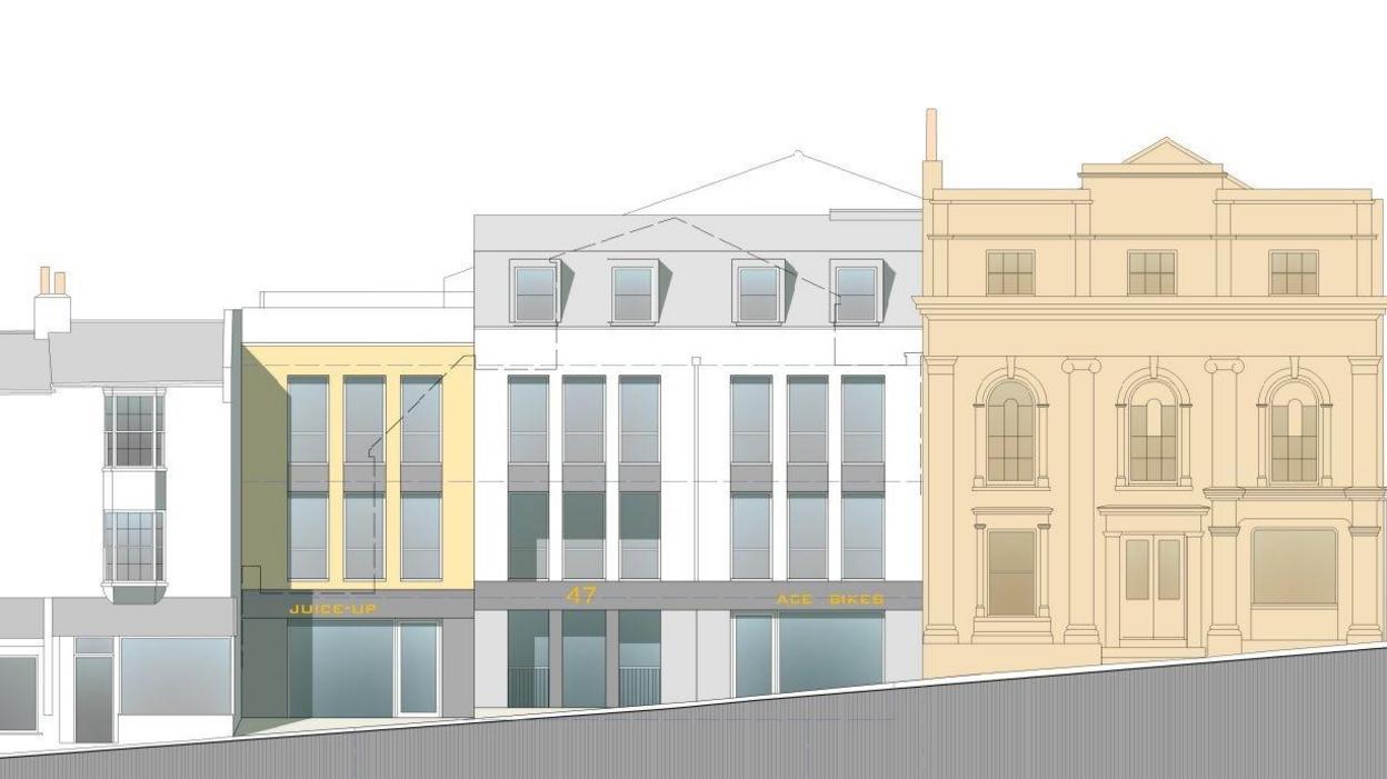 An artist's impression of what the new block of offices would look like in situ next to the Prince Albert pub.