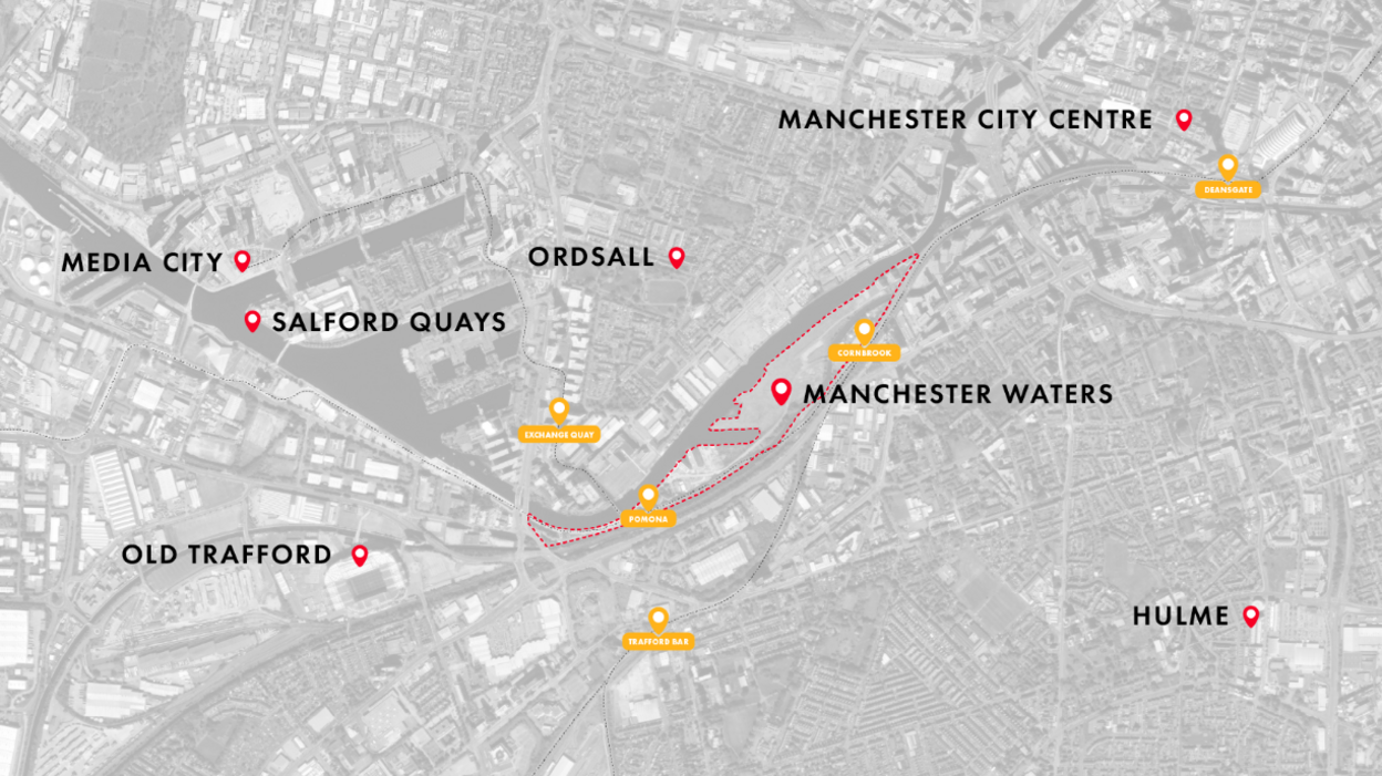 Birds eye view of the location of Manchester Waters with Salford and Manchester city centre to its sides