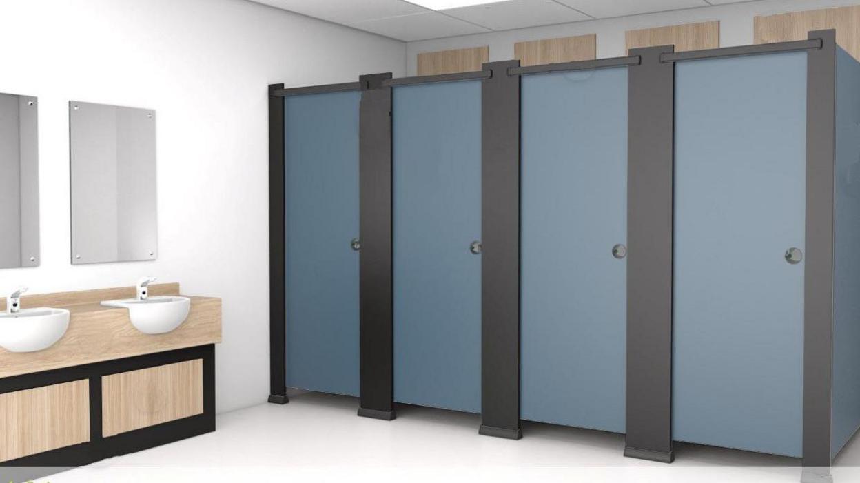 On the left hand all are two white sink, with mirrors above and four cubicles on the right with grey doors.