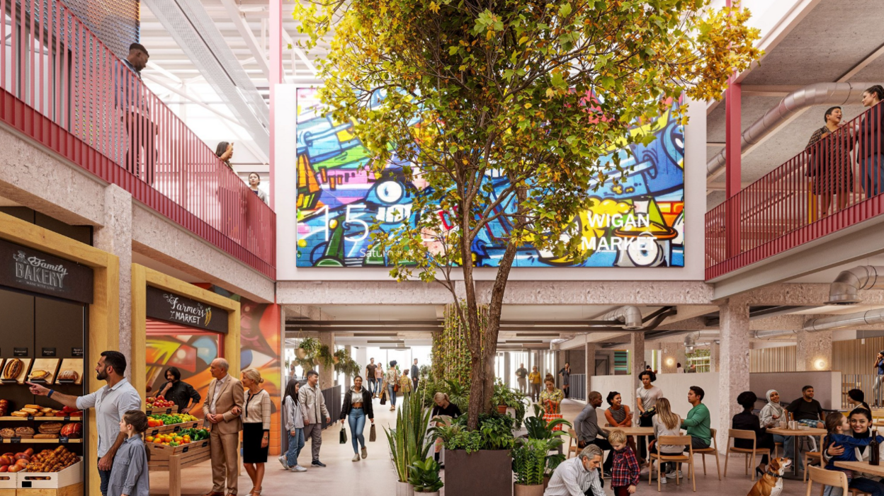 CGI image of the new Fettlers shopping centre in Wigan town centre, which includes the indoor market.