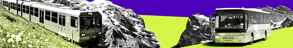 Banner with purple and green colours. There's an image of a train on one side and a bus on the other.