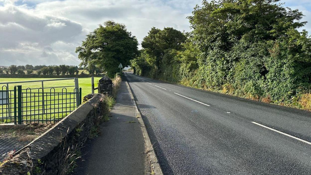 The A1 road heading in the direction of St John's. There are green hedges on the right and a pavement and a school playing field to the left.