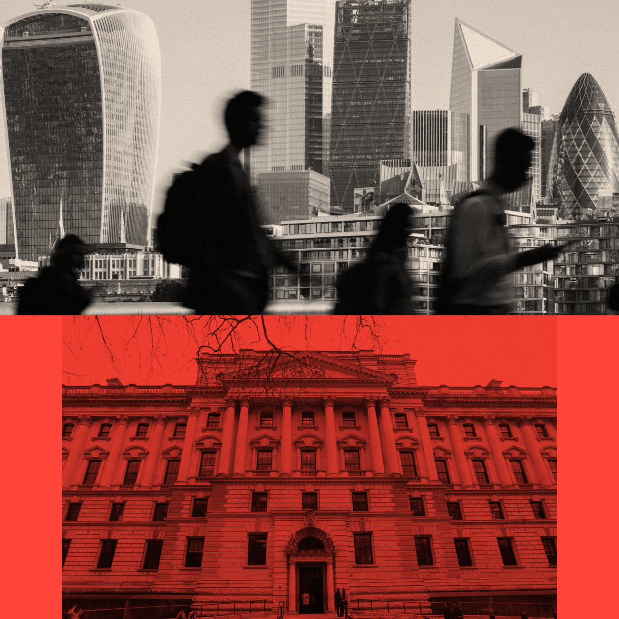 Two treated images with the top one showing high rise office buildings and the bottom one showing The Treasury building