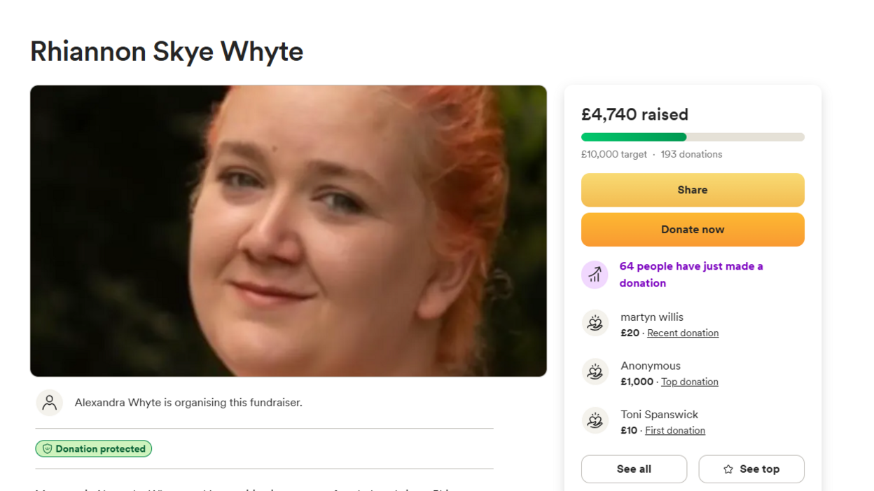 A screengrab of the GoFundMe page. It shows £4,740 raised for Rhiannon Skye Whyte and has a picture of her.