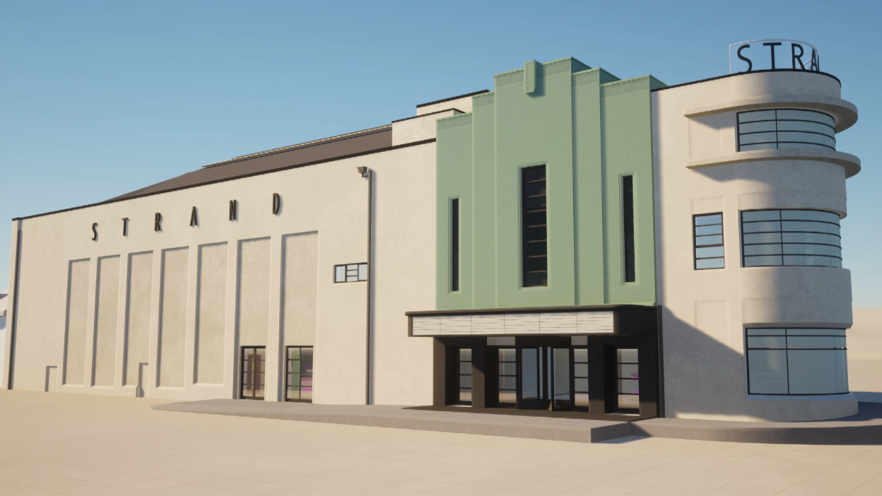 A generated image of the plans for the new Strand Arts Centre. It is a white, art décor building with green panels above the door. 