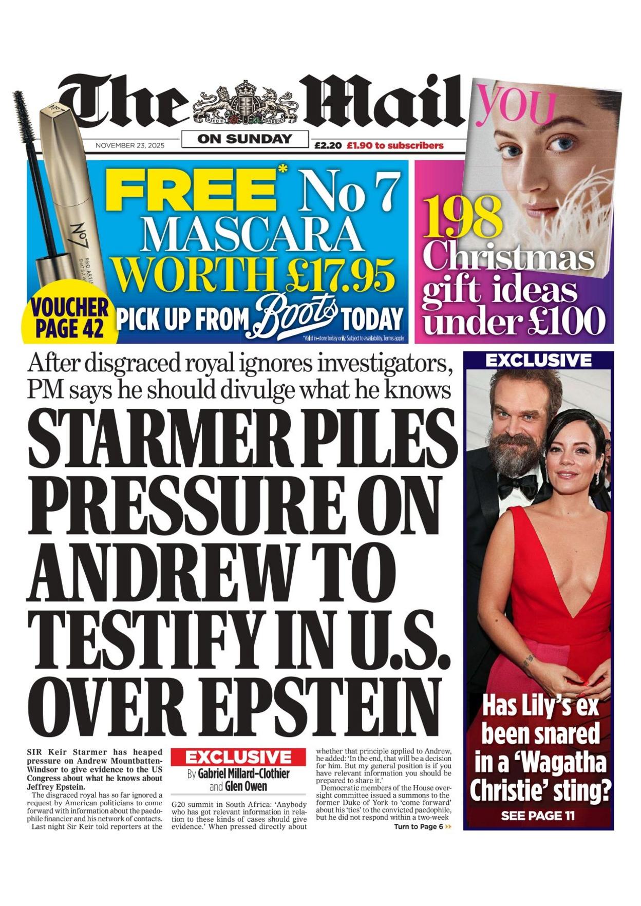 The headline on the front page of the the Mail on Sunday reads: "Starmer piles pressure on Andrew to testify in U.S. over Epstein". 