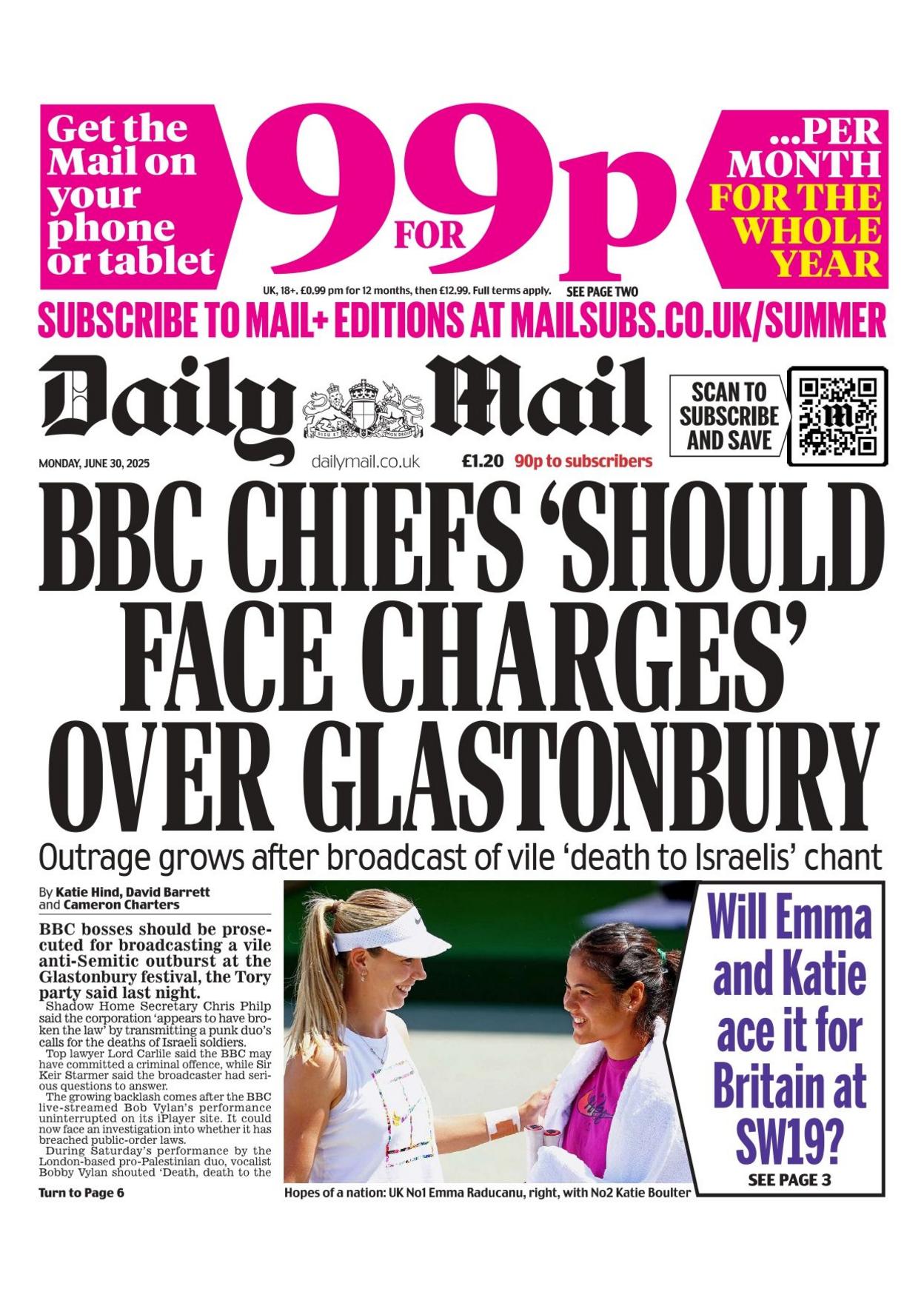 "BBC chiefs 'should face charges' over Glastonbury" reads the headline on the front page of the Daily Mail.