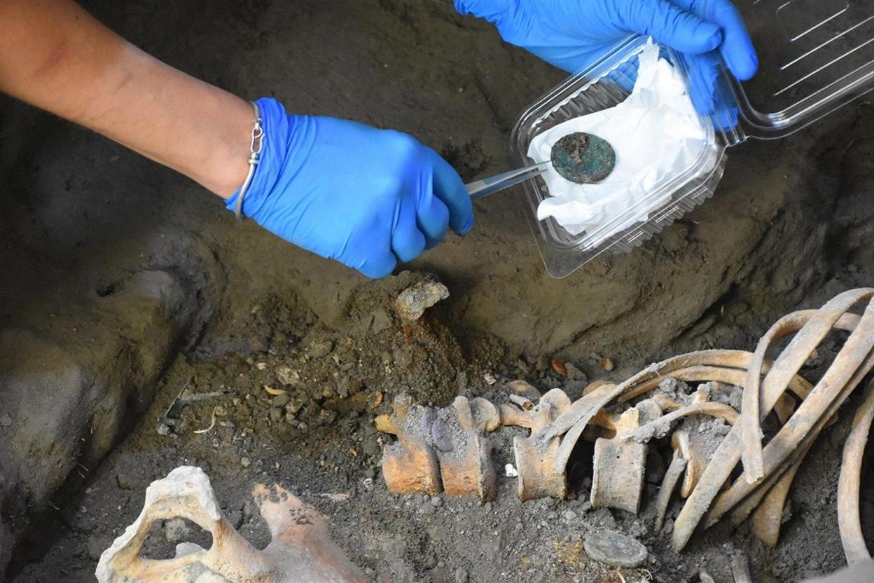 Archaeologist with skeleton remains and artefacts on Pompeii site.  