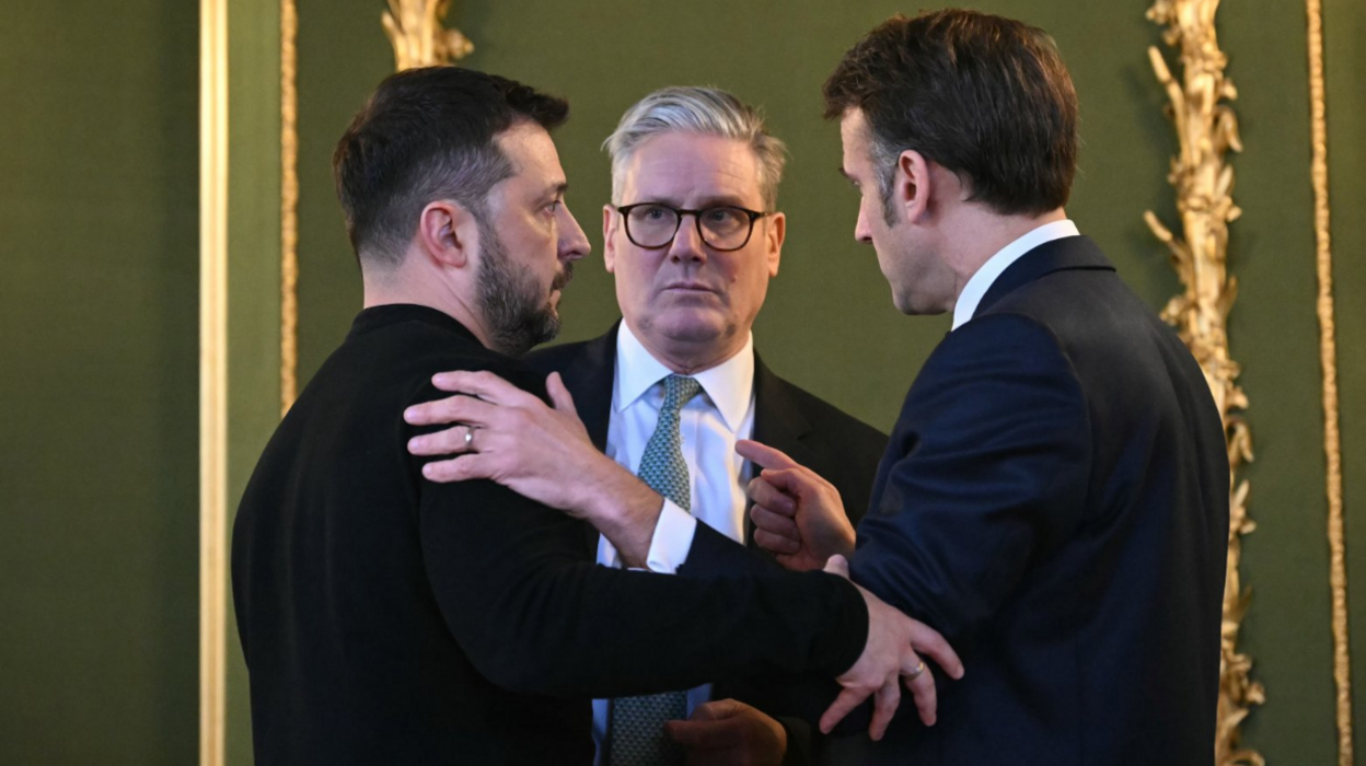 Ukraine's President Volodymyr Zelensky, Prime Minister Sir Keir Starmer and France's President Emmanuel Macron hold a meeting during a summit on the situation in Ukraine at Lancaster House, London.