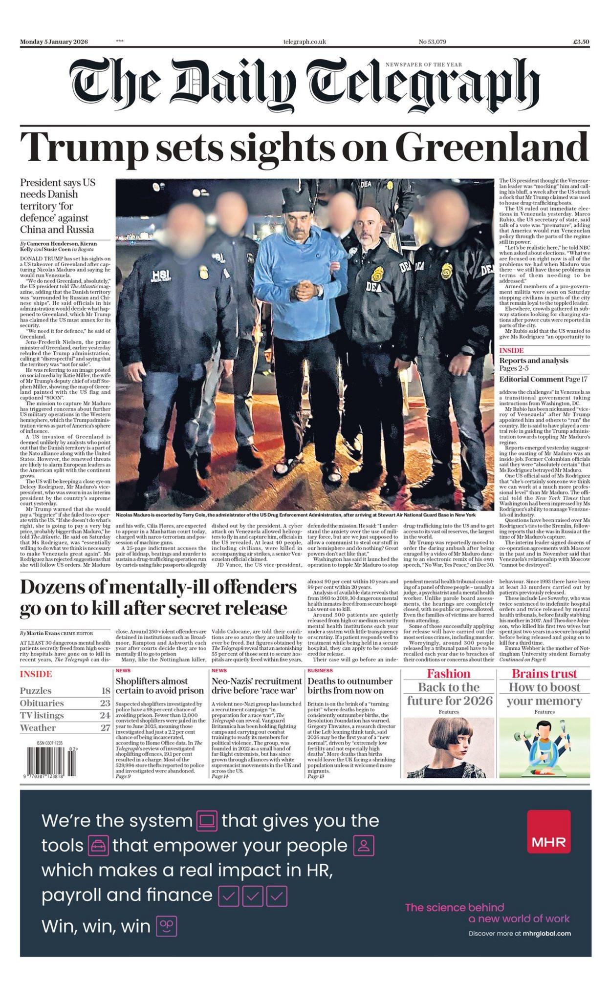 Titulli në faqen e parë të Daily Telegraph thotë: "Trump synon Grenlandën".