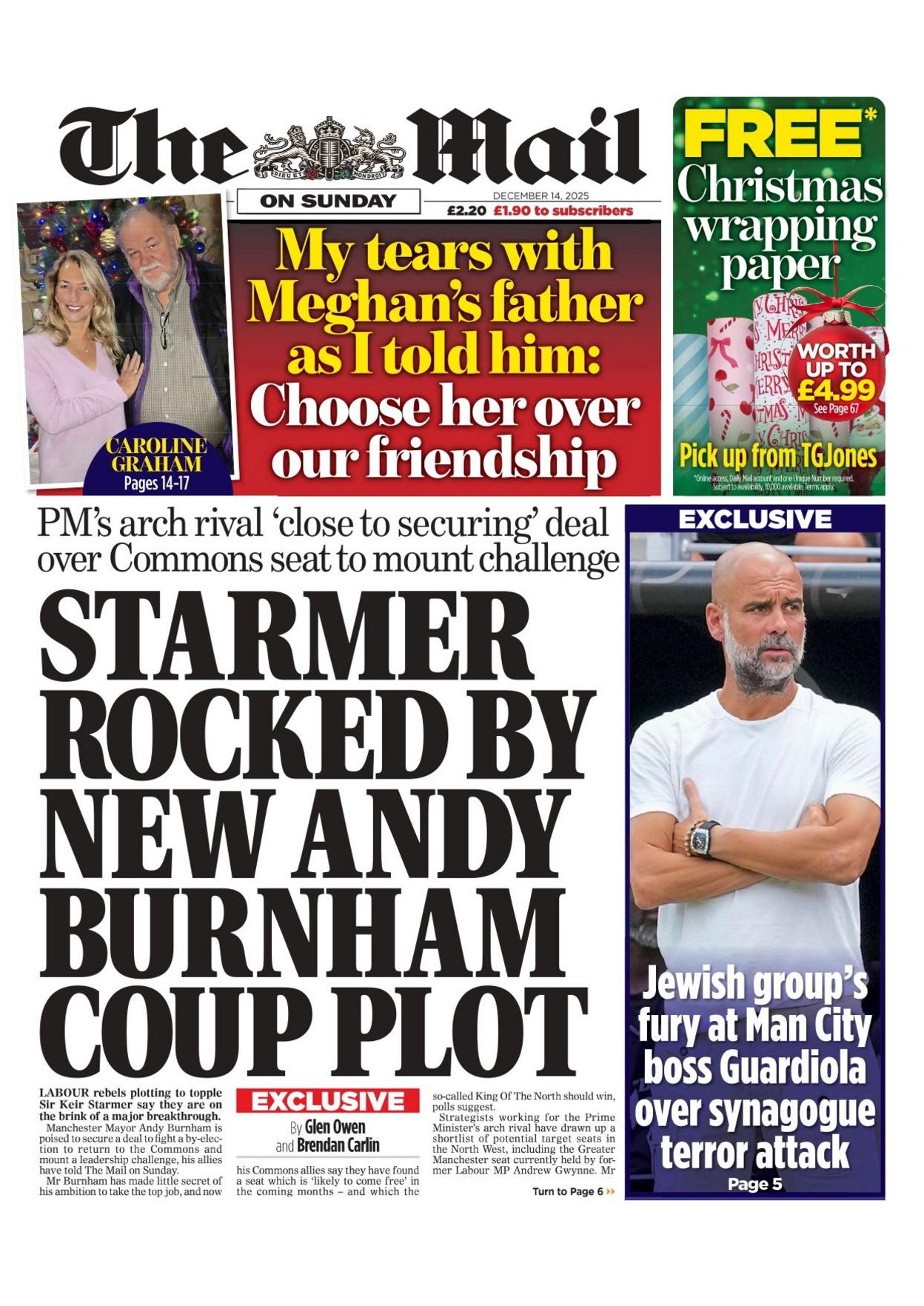 "Starmer i tronditur nga komploti i ri i grushtit të shtetit të Andy Burnham", shkruhet në titullin kryesor në faqen e parë të gazetës Mail on Sunday.
