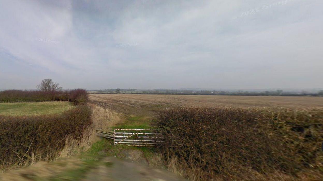 Fields lined with hedges. A corrugated iron gate is visible in the foreground