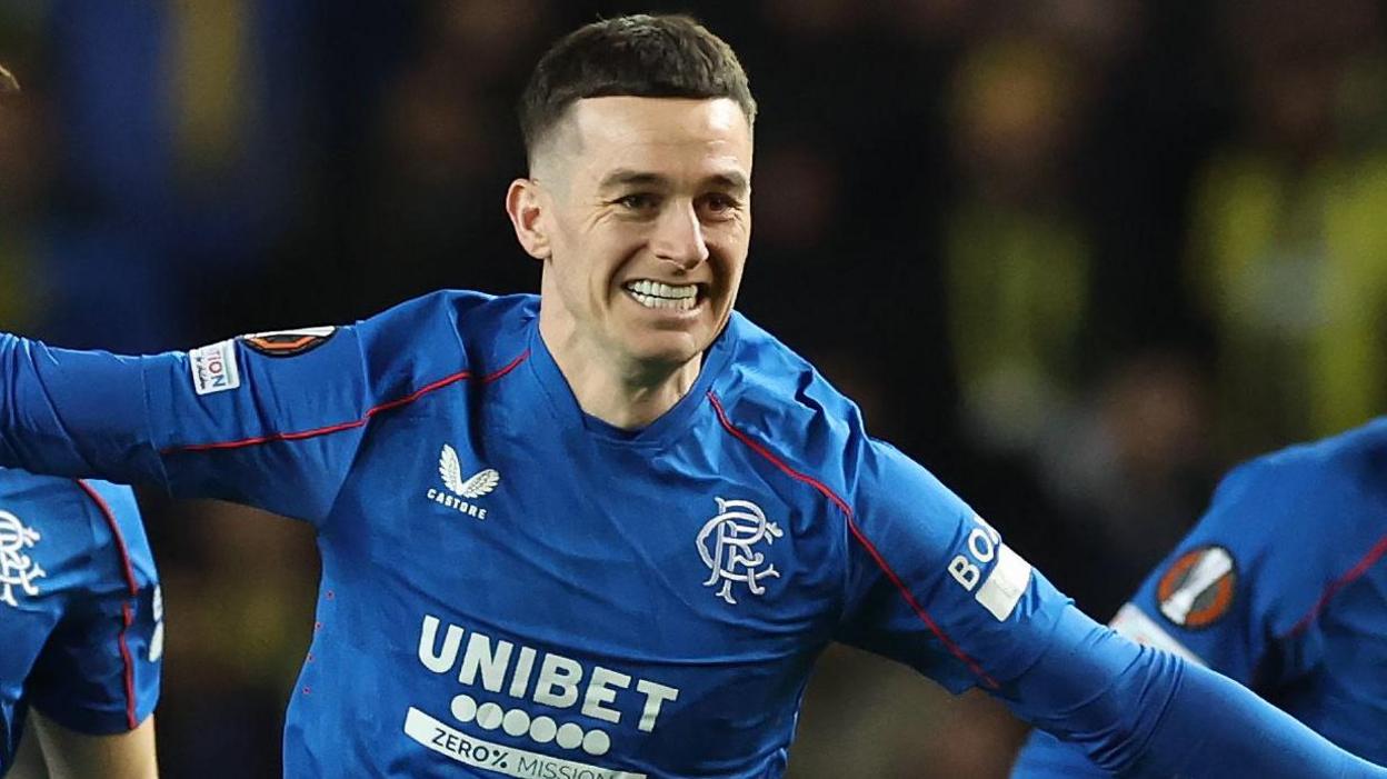 Tom Lawrence celebrates with Rangers