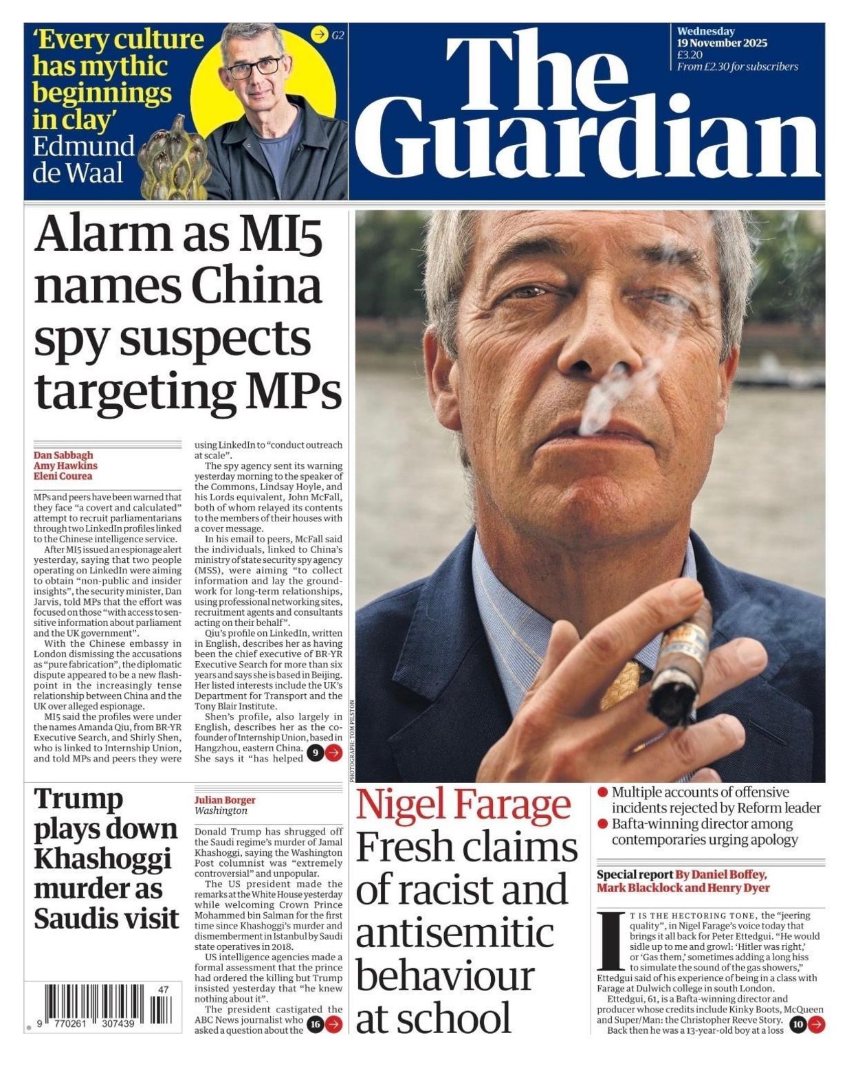 The headline on the front page of the Guardian reads: "Alarm as MI5 names China spy suspects targeting MPs".