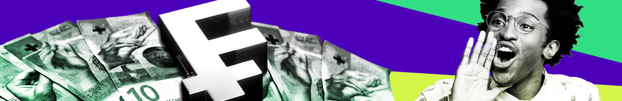 Banner with purple and green text. There are images of money on one side and someone speaking on the other.