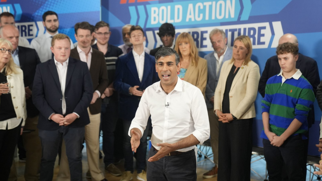 Prime Minister Rishi Sunak making a speech to activists and supporters in Leeds, while on the General Election campaign trail