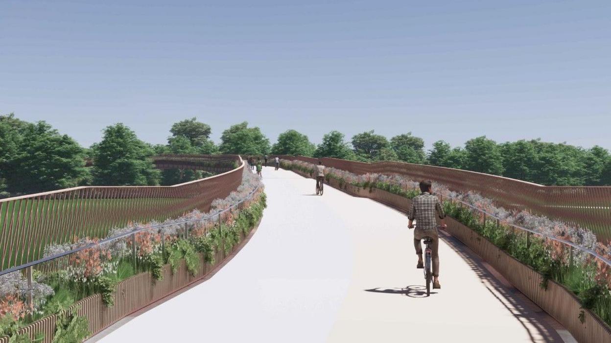 A CGI image of cyclists on the proposed bridge from the north east approach.
