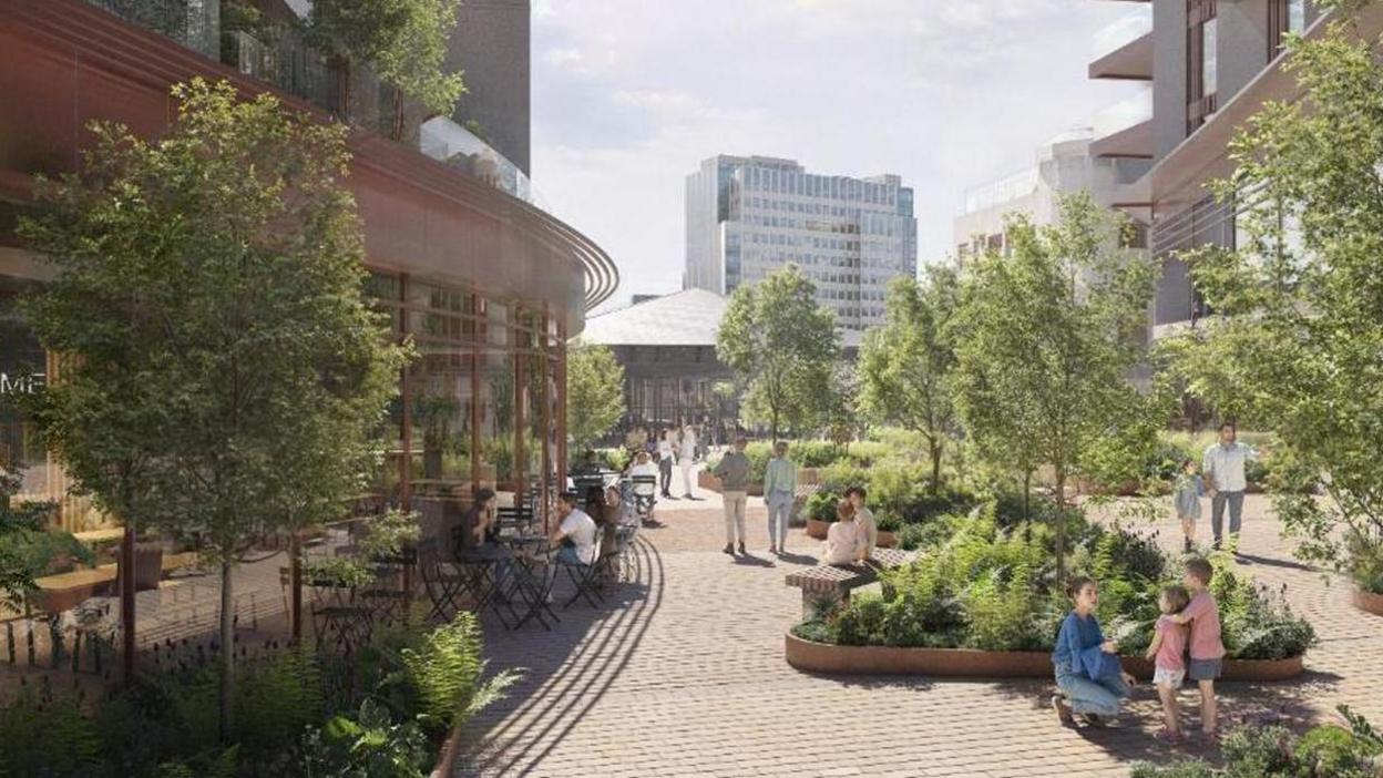 A computer generated image of the proposed central boulevard. It shows a paved footpath with small green trees and bushes with cafe's on the left side. People are sitting outside enjoying a drink or some food. There are also people walking along the path. 
