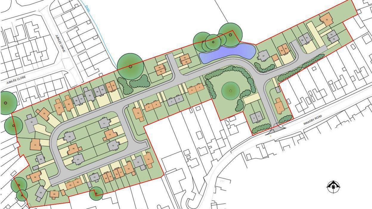 A coloured site plan for a proposed housing development.