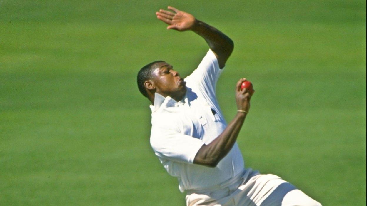 Fast bowler David Lawrence in full flow