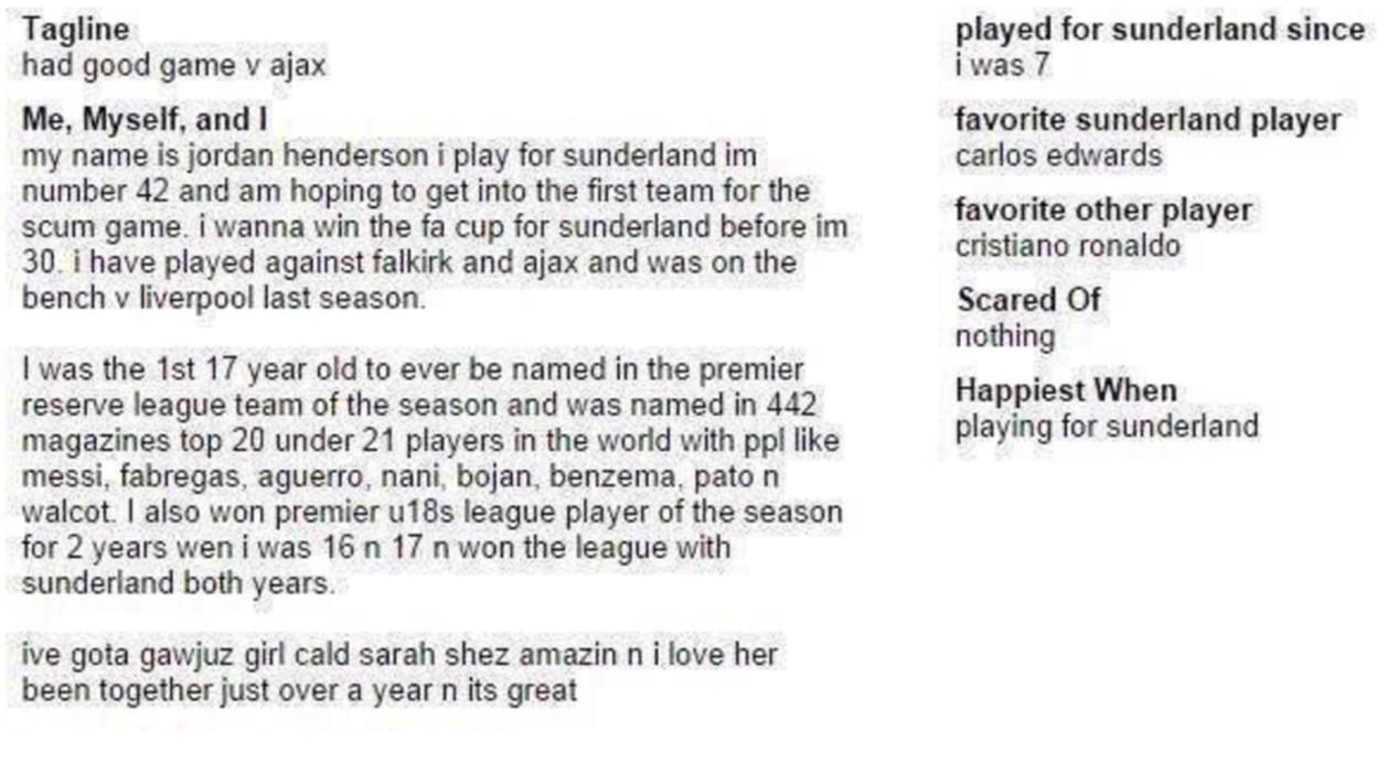 Jordan Henderson alleged Bebo profile